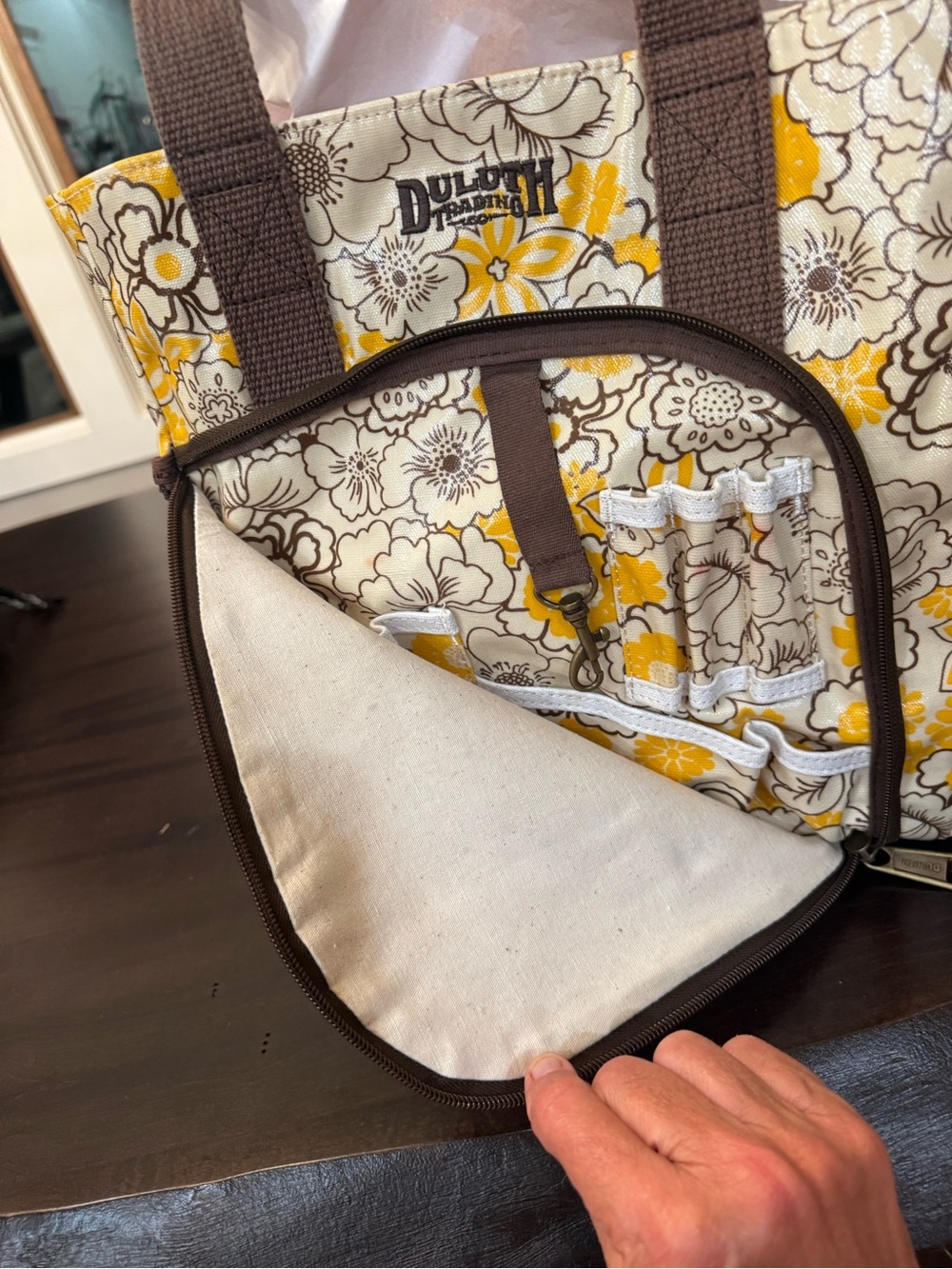 DULUTH Trading Co. Large Waterproof Yellow/Brown Floral Canvas Tote Bag 14X12X9 - Picture 6 of 11